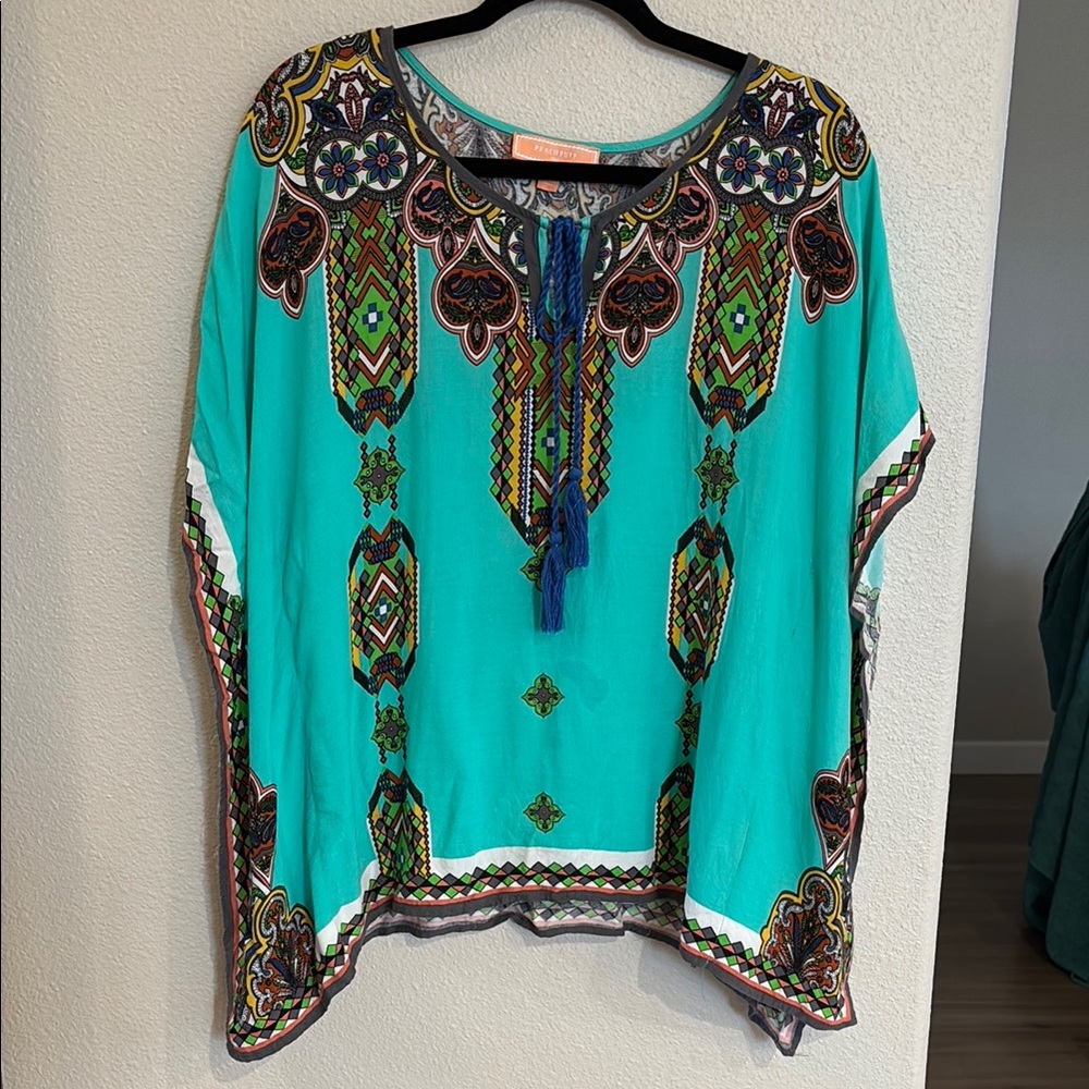 Blue and Green Embellished Tunic with Dolman Sleeves